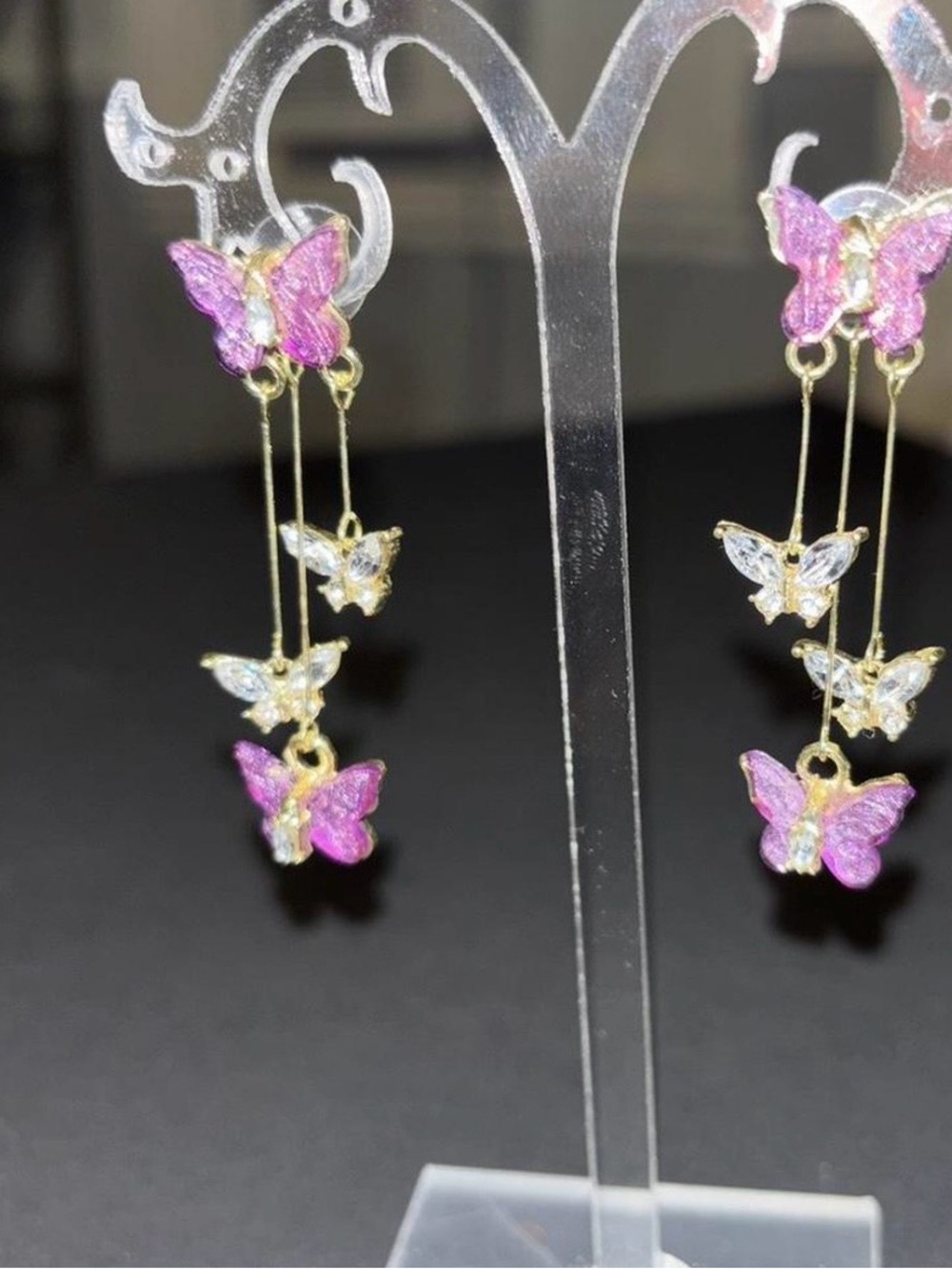 Pink Butterfly Dangle Earrings in Gold Tone